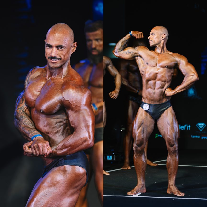 Atleta do Team Léo Firmino em competição de fisiculturismo