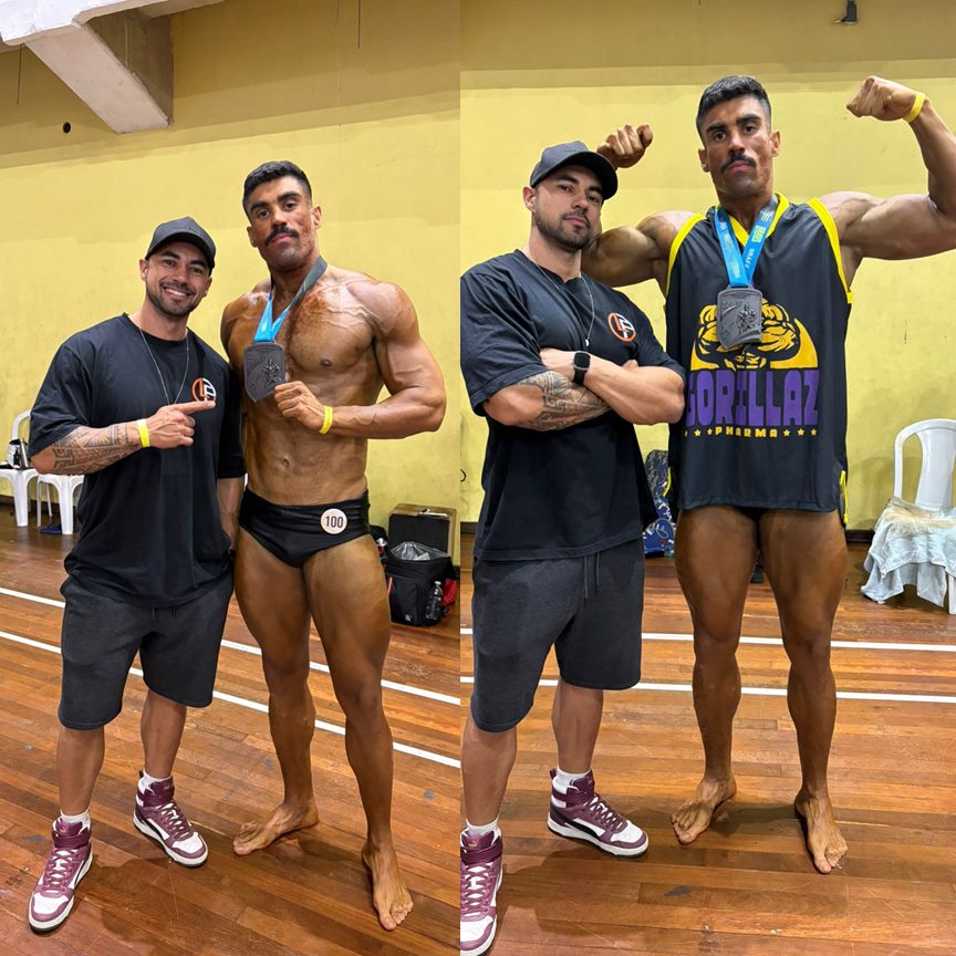 Atleta do Team Léo Firmino em competição de fisiculturismo
